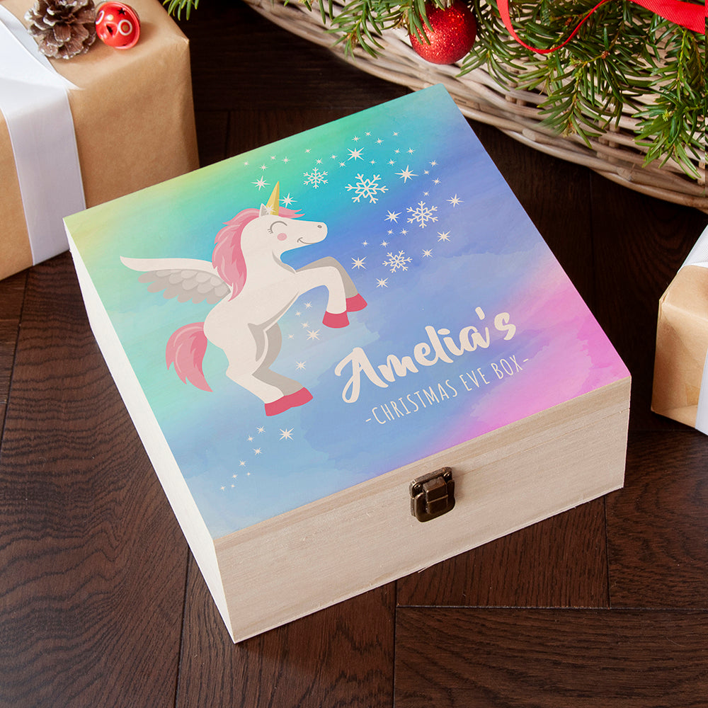 Personalised Colourful Baby Unicorn Christmas Eve Box - Medium - Buy Wooden Boxes at GiftMasters.co.uk