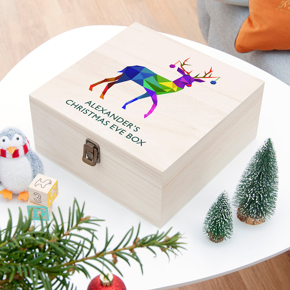 Personalised Geometric Reindeer Christmas Eve Box - Medium - Buy Wooden Boxes at GiftMasters.co.uk