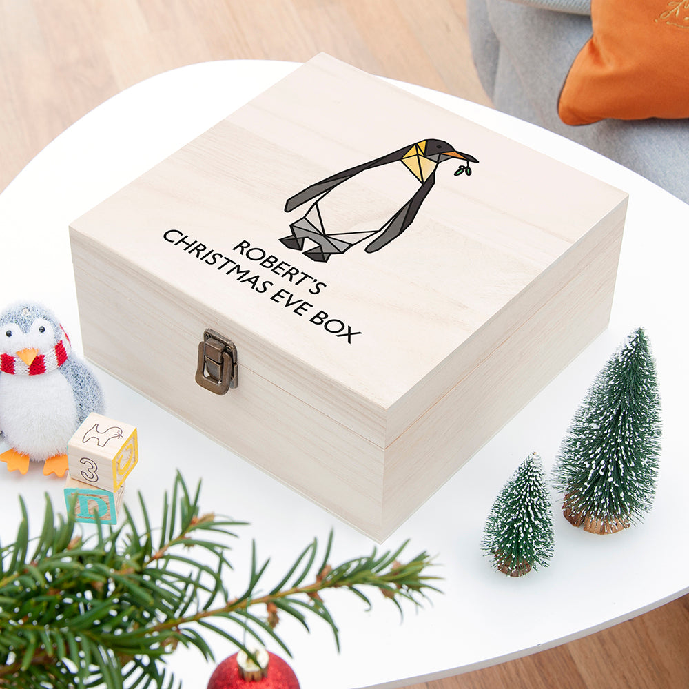 Personalised Geometric Penguin Christmas Eve Box - Medium - Buy Wooden Boxes at GiftMasters.co.uk