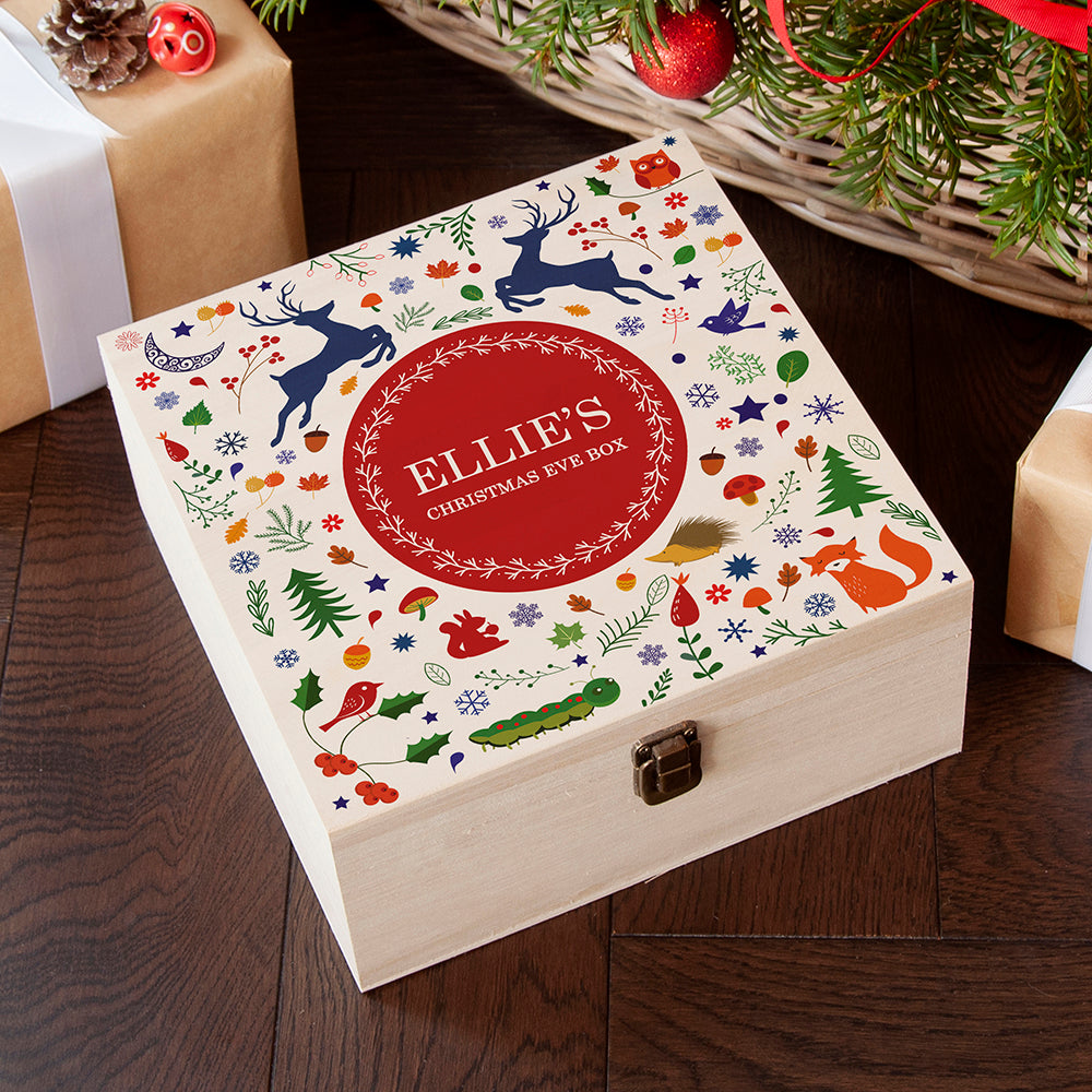 Personalised Festive Woodland Red Christmas Eve Box - Medium - Buy Wooden Boxes at GiftMasters.co.uk