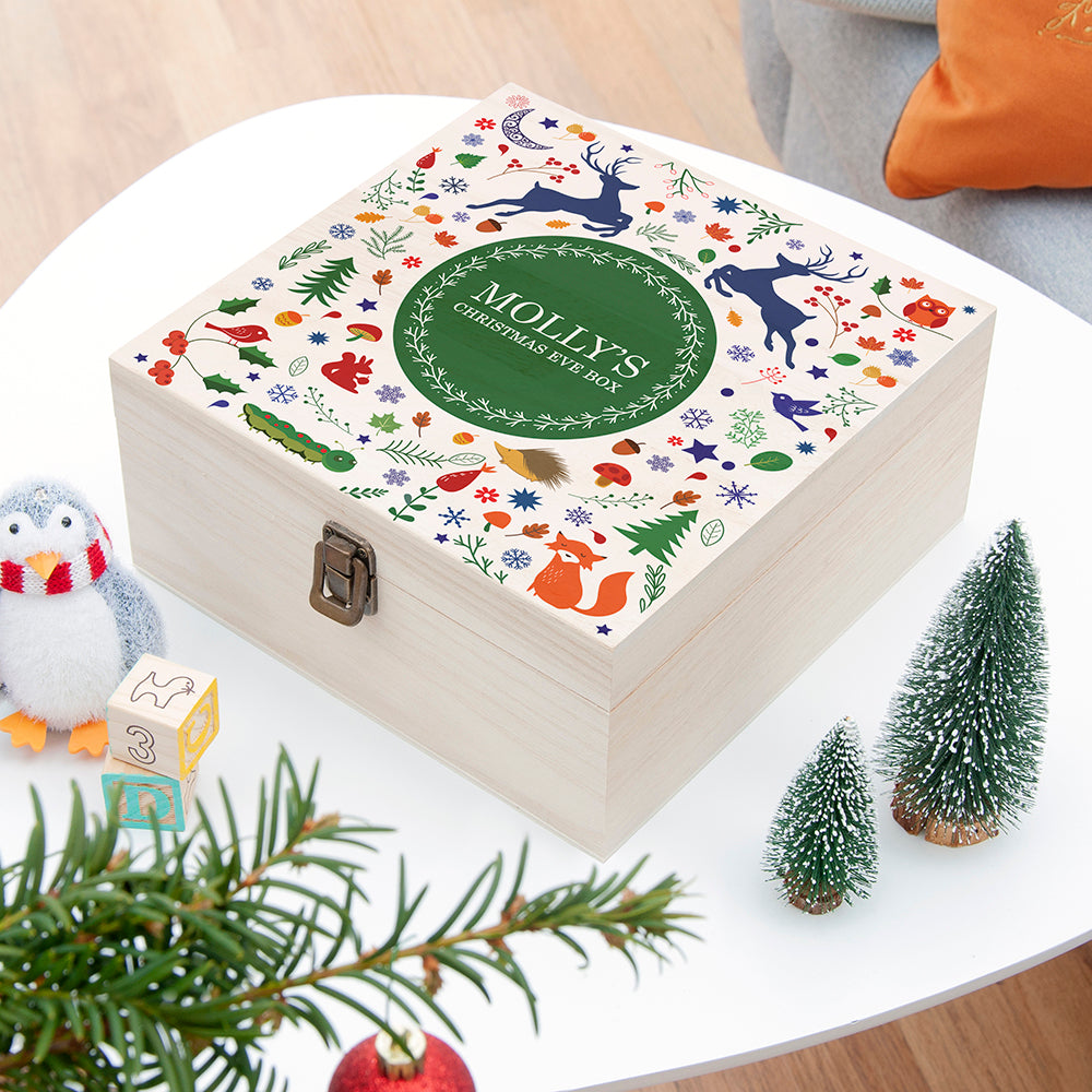 Personalised Festive Woodland Green Christmas Eve Box - Medium - Buy Wooden Boxes at GiftMasters.co.uk