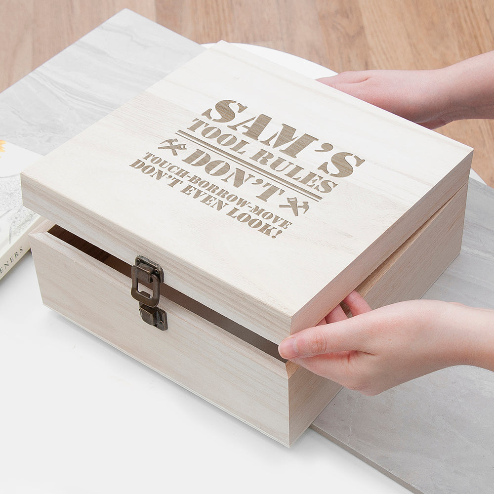 Personalised His Tools His Rules Tool Box - Medium - Buy Wooden Boxes at GiftMasters.co.uk