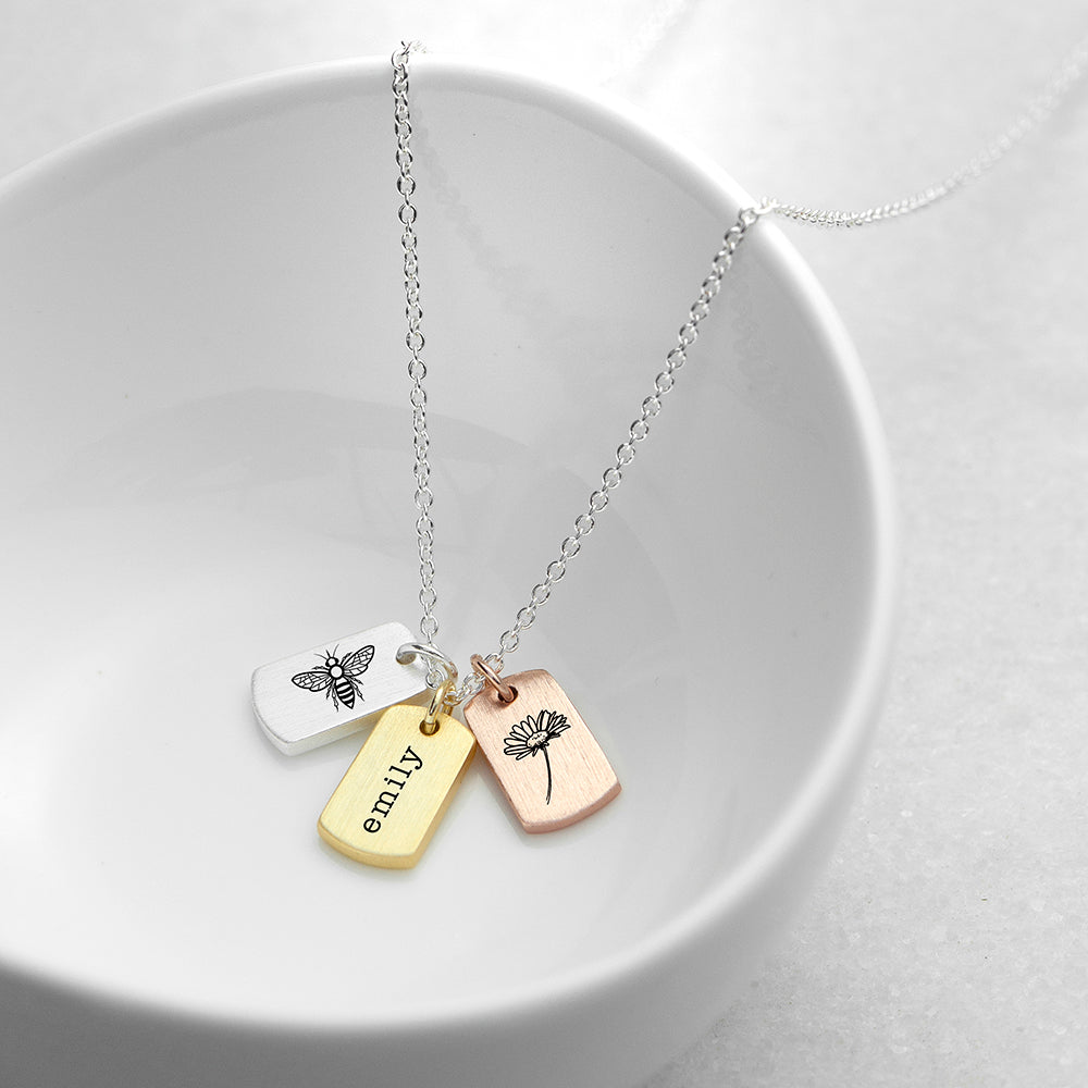 Personalised Bee and Flower Mini Tag Necklace - Buy Metal Jewellery at GiftMasters.co.uk