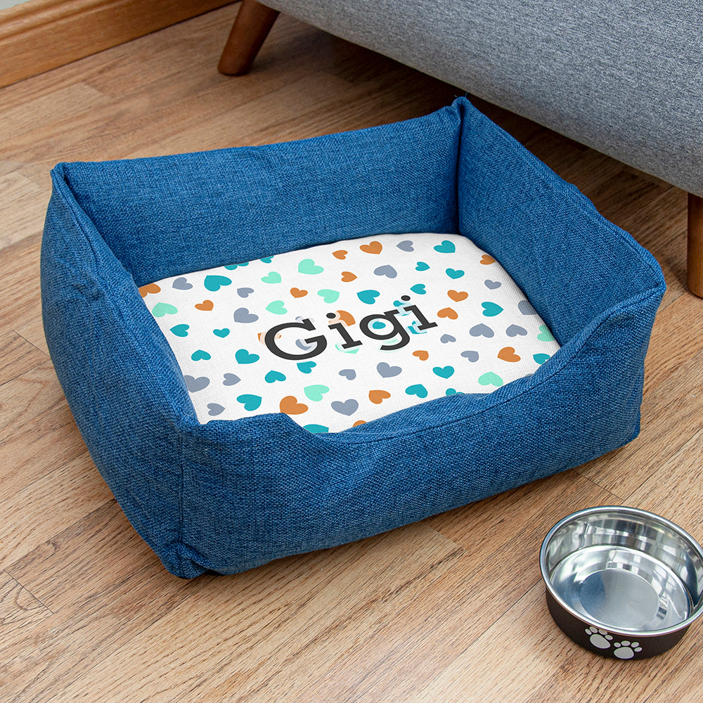Personalised Blue Comfort Dog Bed with Hearts Design - Buy Textile Pet Bed at GiftMasters.co.uk