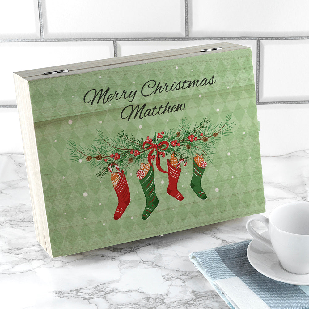 Personalised Christmas Stockings Tea Box - Buy Wooden Tea Boxes at GiftMasters.co.uk