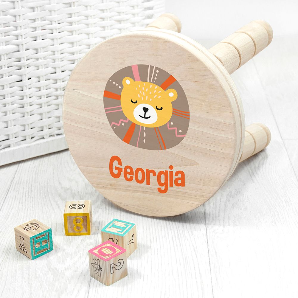 Personalised Cute Lion Kids Stool - Buy Wooden Stools at GiftMasters.co.uk