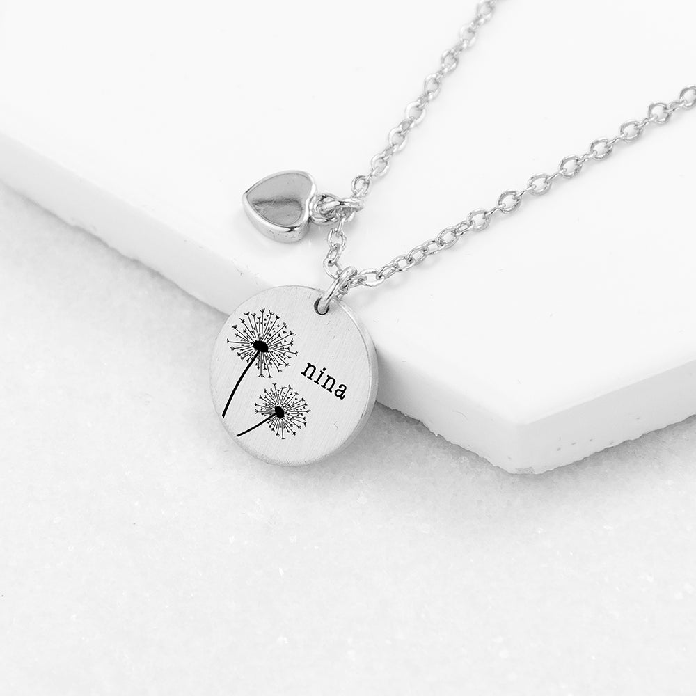 Personalised Dandelion Matte Heart & Disc Necklace - Buy Metal Jewellery at GiftMasters.co.uk