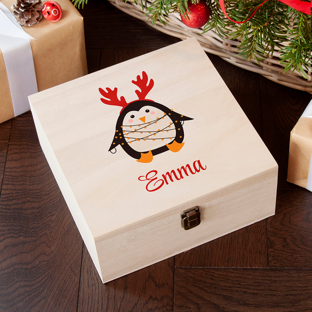 Personalised Festive Penguin Christmas Eve Box - Buy Wooden Keepsake Boxes at GiftMasters.co.uk