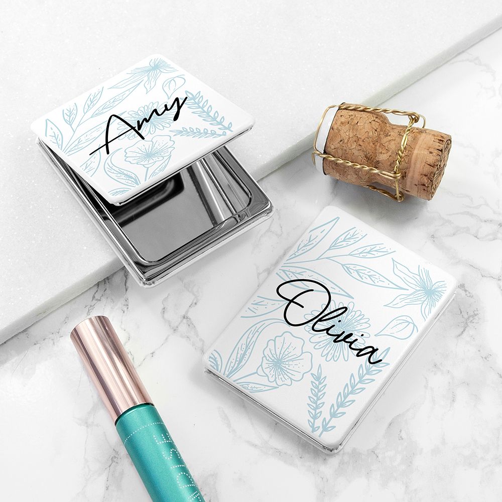Personalised Floral Rectangle Compact Mirror - Buy Metal Compact Mirrors at GiftMasters.co.uk