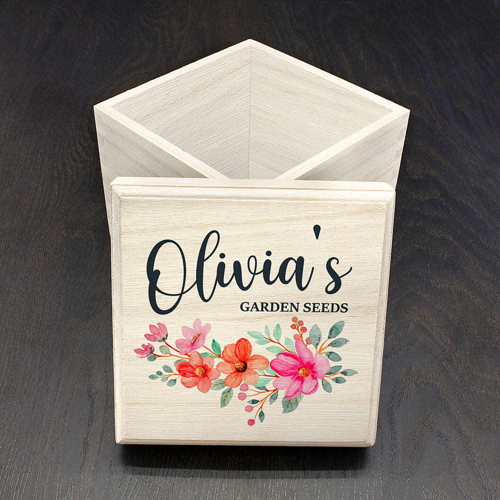 Personalised Flower Garland Seeds Box - Buy Wooden Keepsake Boxes at GiftMasters.co.uk