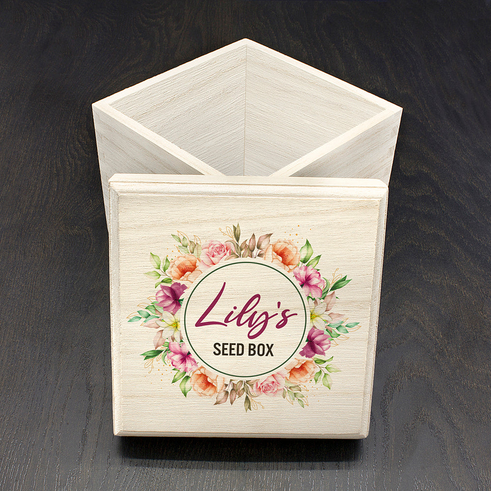 Personalised Flower Wreath Seeds Box - Buy Wooden Keepsake Boxes at GiftMasters.co.uk