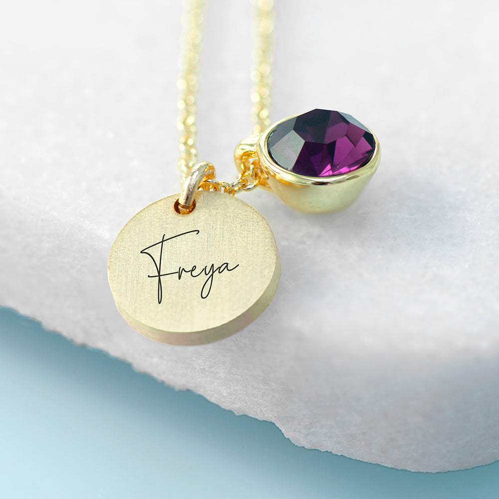 Personalised Gold Birthstone Crystal and Disc Necklace - Buy Metal Jewellery at GiftMasters.co.uk
