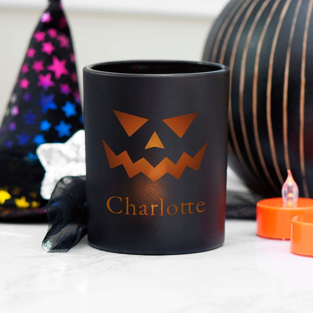 Personalised Halloween Jack-O-Lantern Candle Holder - Buy Glass Tealight Holders at GiftMasters.co.uk