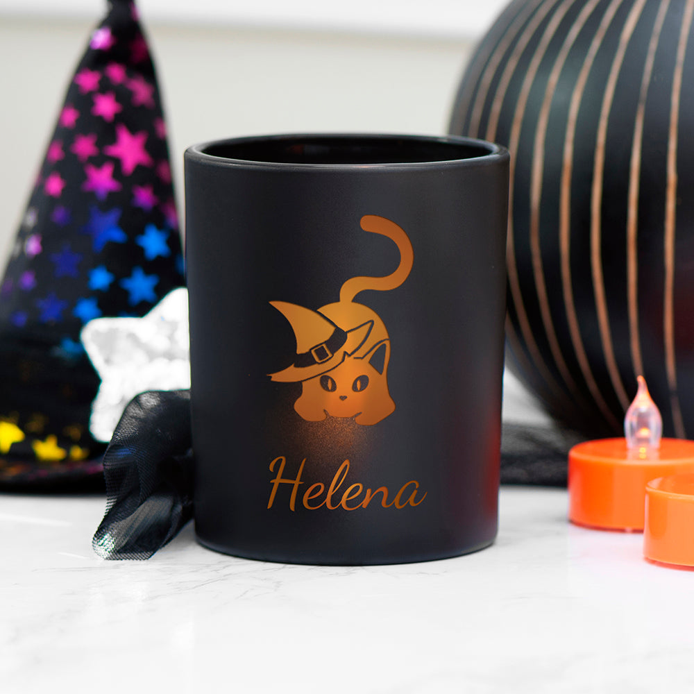 Personalised Halloween Witches Cat Candle Holder - Buy Glass Tealight Holders at GiftMasters.co.uk