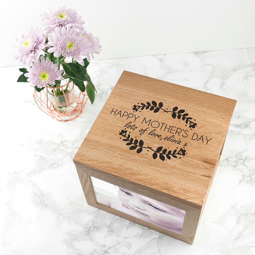 Personalised Happy Mother's Day Large Oak Photo Cube - Buy Wooden Keepsake Boxes at GiftMasters.co.uk