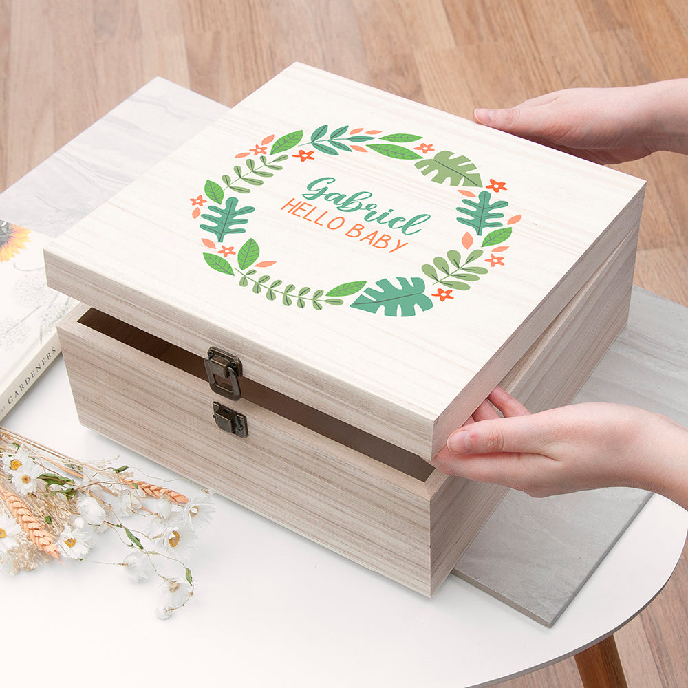 Personalised Hello Baby Wreath Keepsake Box - Buy Wooden Keepsake Boxes at GiftMasters.co.uk