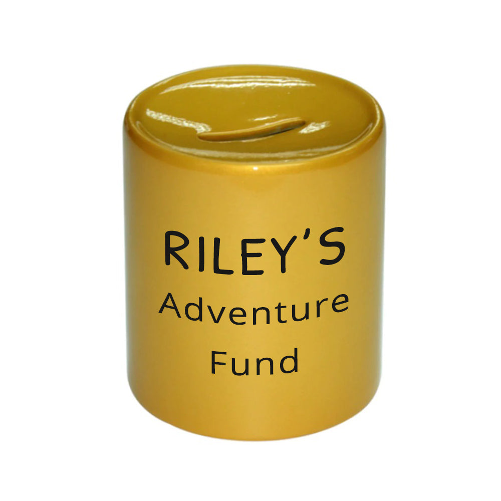 Personalised Kids Adventure Fund Gold Money Box - Buy Ceramic Holders at GiftMasters.co.uk