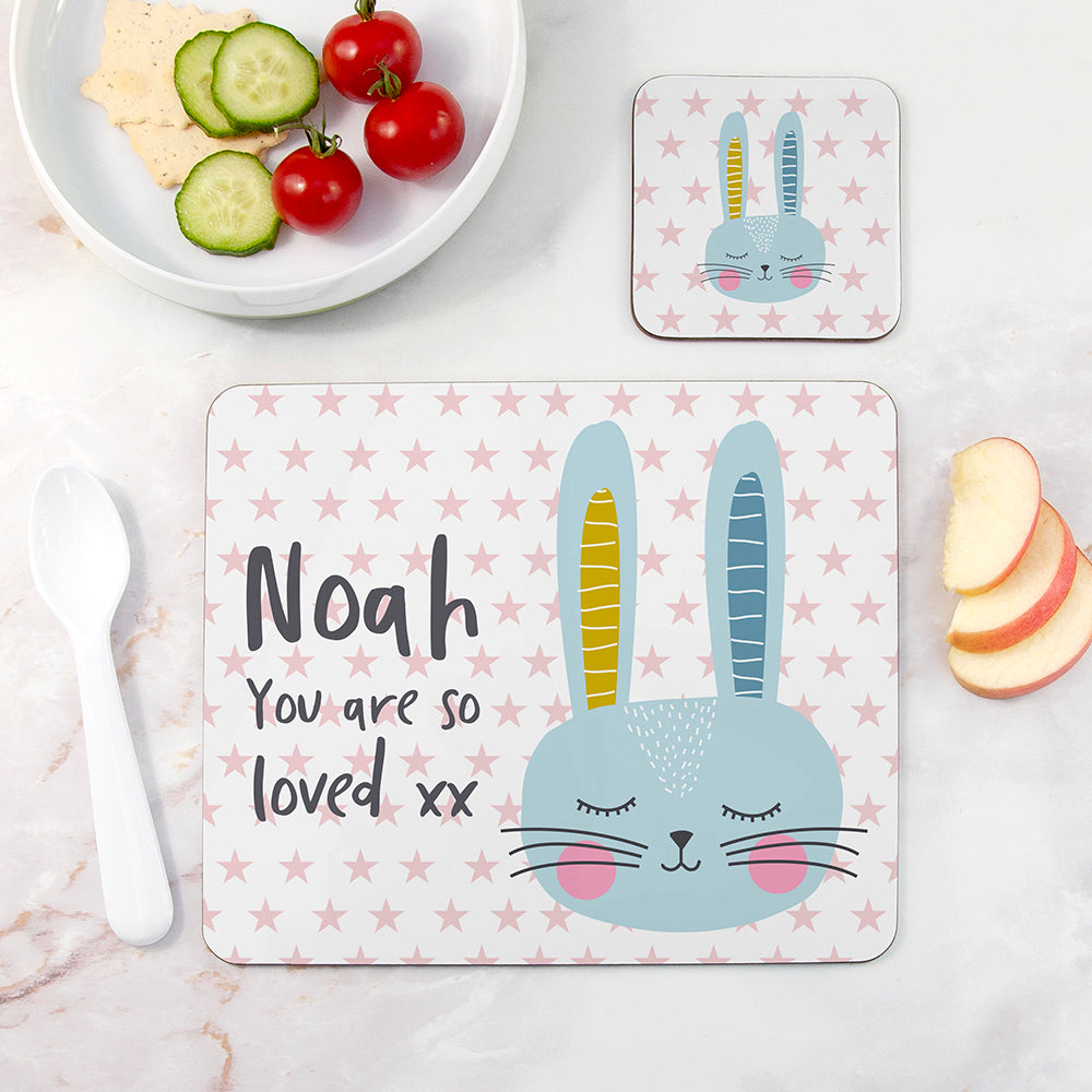 Personalised Kid's Bunny Rabbit Placemat Set - Buy Wooden Coasters at GiftMasters.co.uk