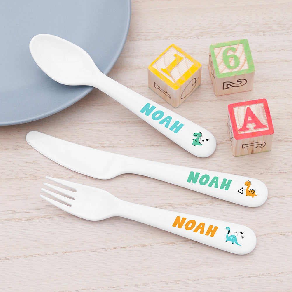 Personalised Kids Cute Dinosaur Cutlery Set - Plastic - Buy 0 at GiftMasters.co.uk