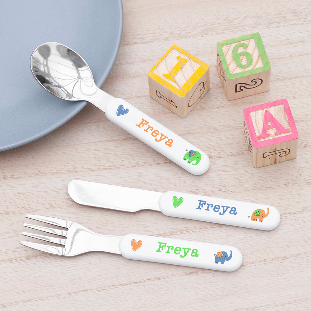 Personalised Kids Elephant Cutlery Set - Metal - Buy Metal Cutlery at GiftMasters.co.uk