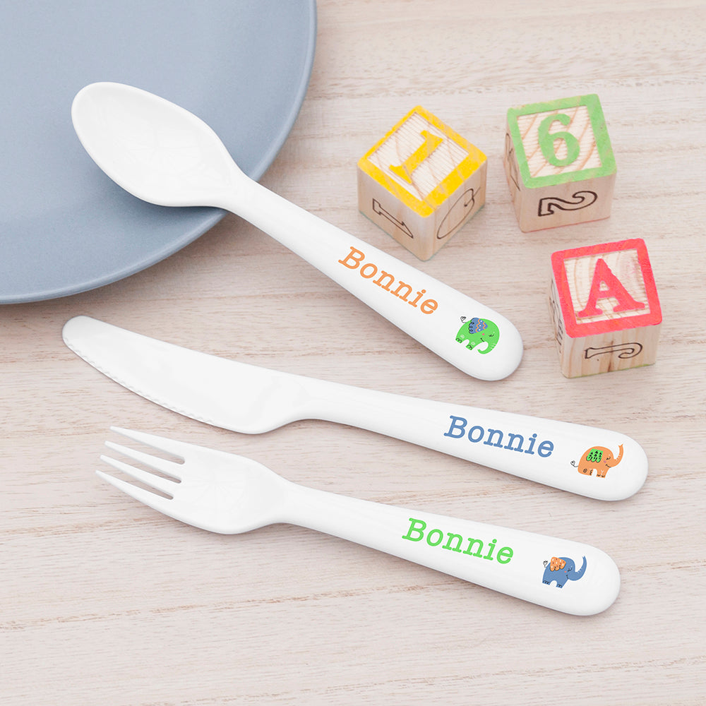 Personalised Kids Elephant Cutlery Set - Plastic - Buy 0 at GiftMasters.co.uk