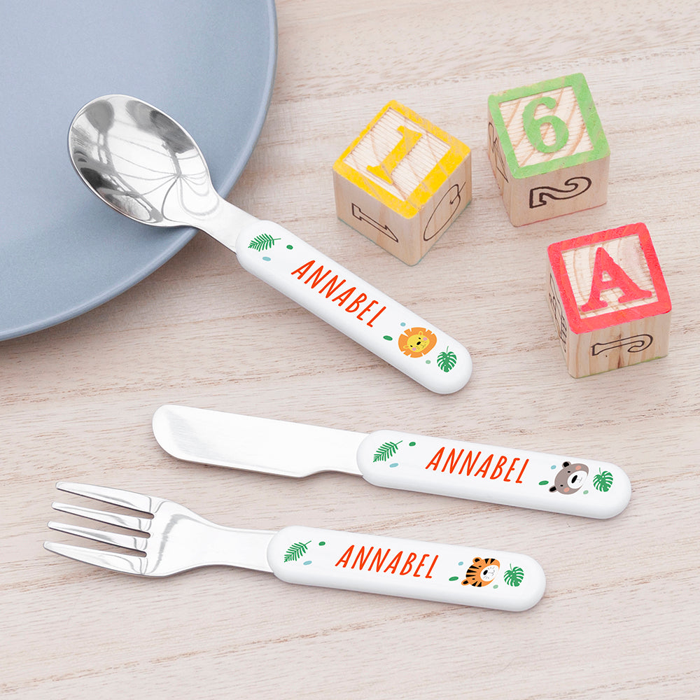 Personalised Kids Jungle Animal Cutlery Set - Metal - Buy Metal Cutlery at GiftMasters.co.uk