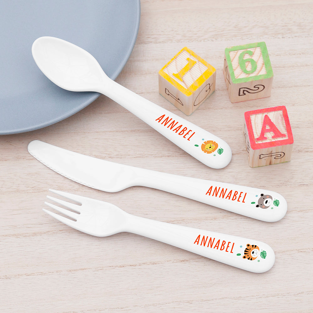 Personalised Kids Jungle Animal Cutlery Set - Plastic - Buy 0 at GiftMasters.co.uk