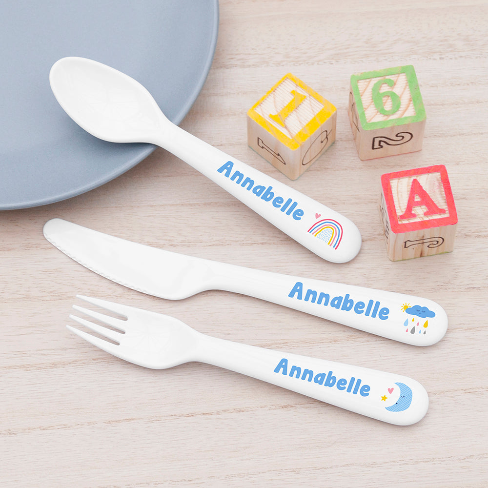 Personalised Kids Pastel Sky Cutlery Set - Plastic - Buy 0 at GiftMasters.co.uk