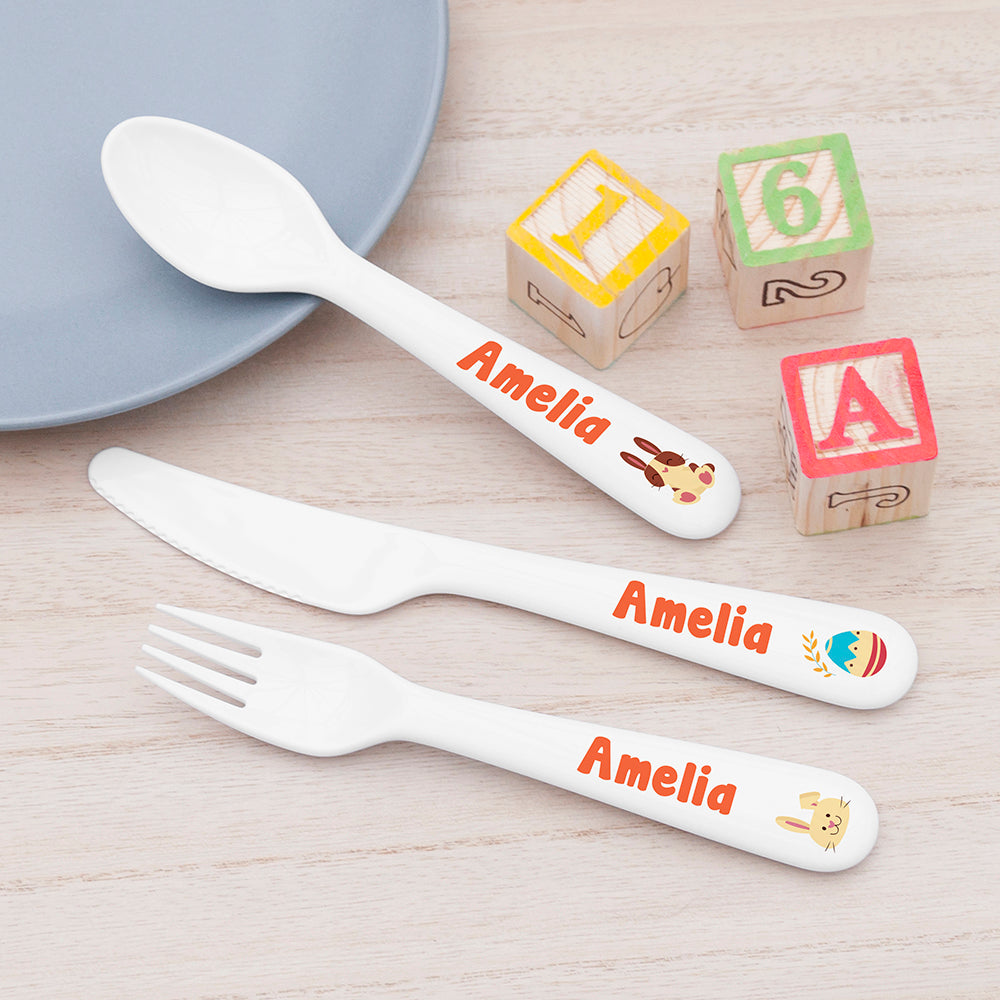 Personalised Kids Spring Bunny Cutlery Set - Plastic - Buy 0 at GiftMasters.co.uk