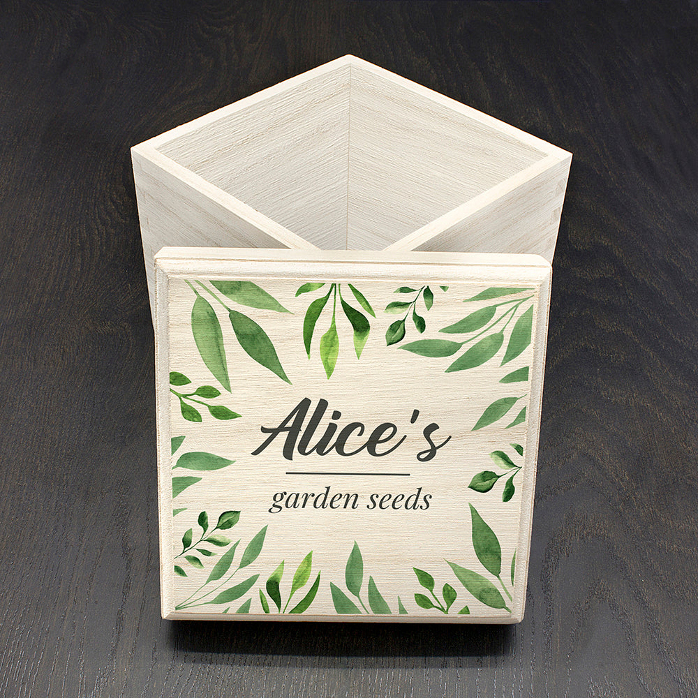 Personalised Leafy Green Seeds Box - Buy Wooden Keepsake Boxes at GiftMasters.co.uk