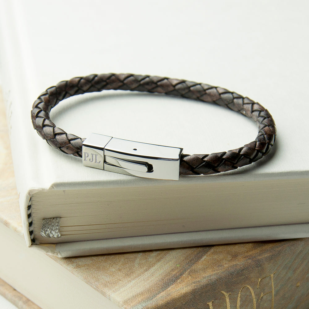 Personalised Men's Leather Bracelet With Tube Clasp - Buy Metal Jewellery at GiftMasters.co.uk
