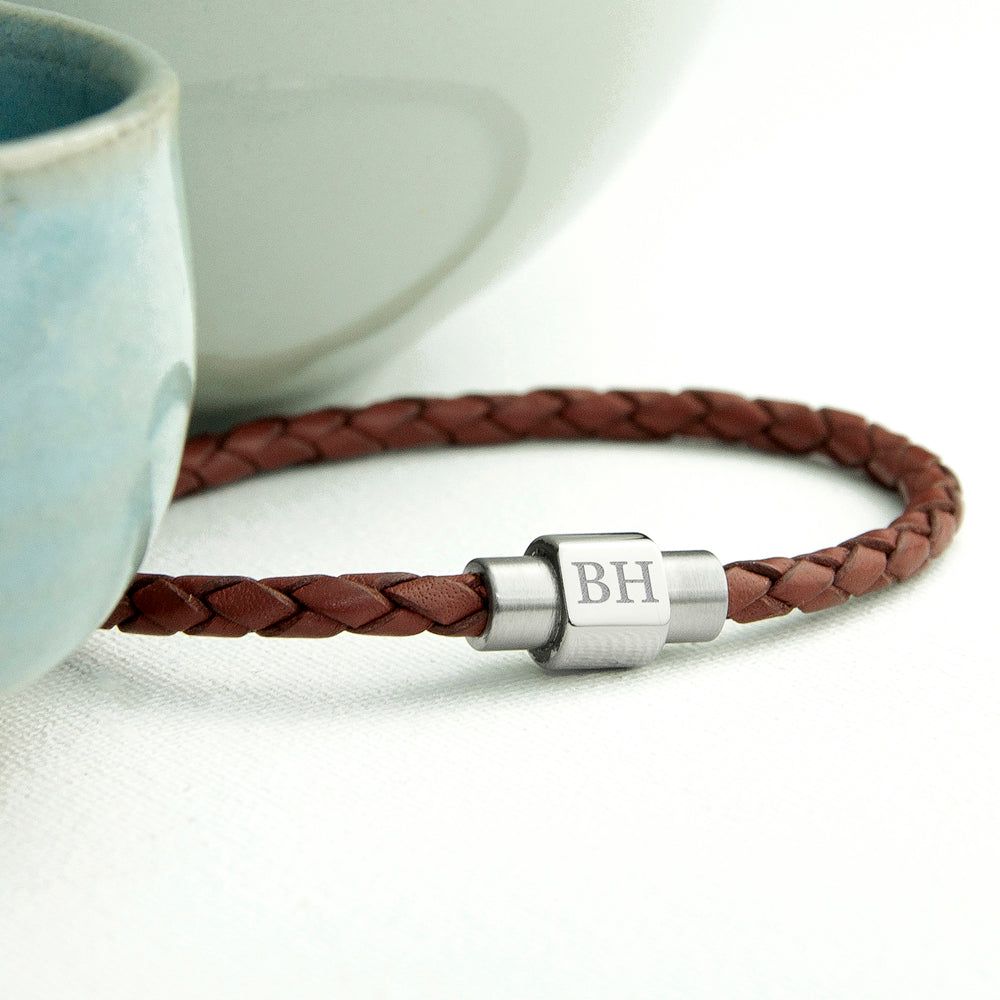 Personalised Men's Woven Leather Bracelet in Burnt Sienna - Buy Leather Accessories at GiftMasters.co.uk