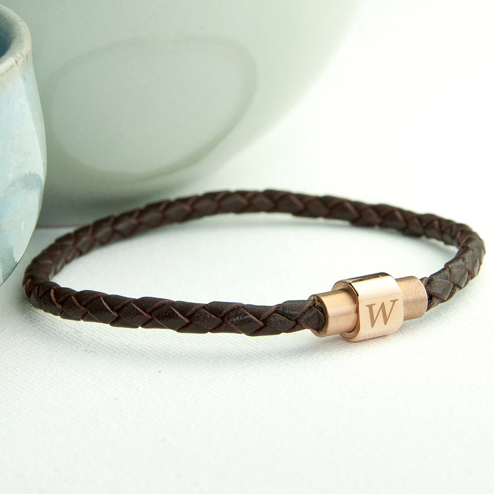 Personalised Men's Woven Leather Bracelet With Rose Gold Clasp - Buy Metal Jewellery at GiftMasters.co.uk