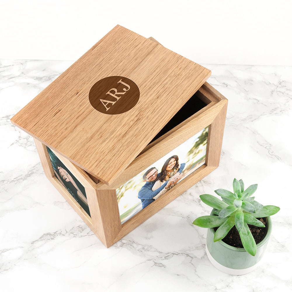 Personalised Midi Oak Photo Cube Keepsake Box With Initials - Buy Wooden Keepsake Boxes at GiftMasters.co.uk