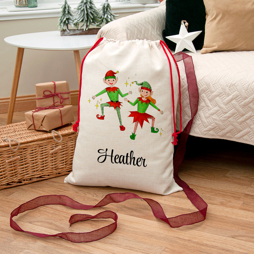 Personalised Playful Elves Christmas Sack - Buy Textile Sacks at GiftMasters.co.uk