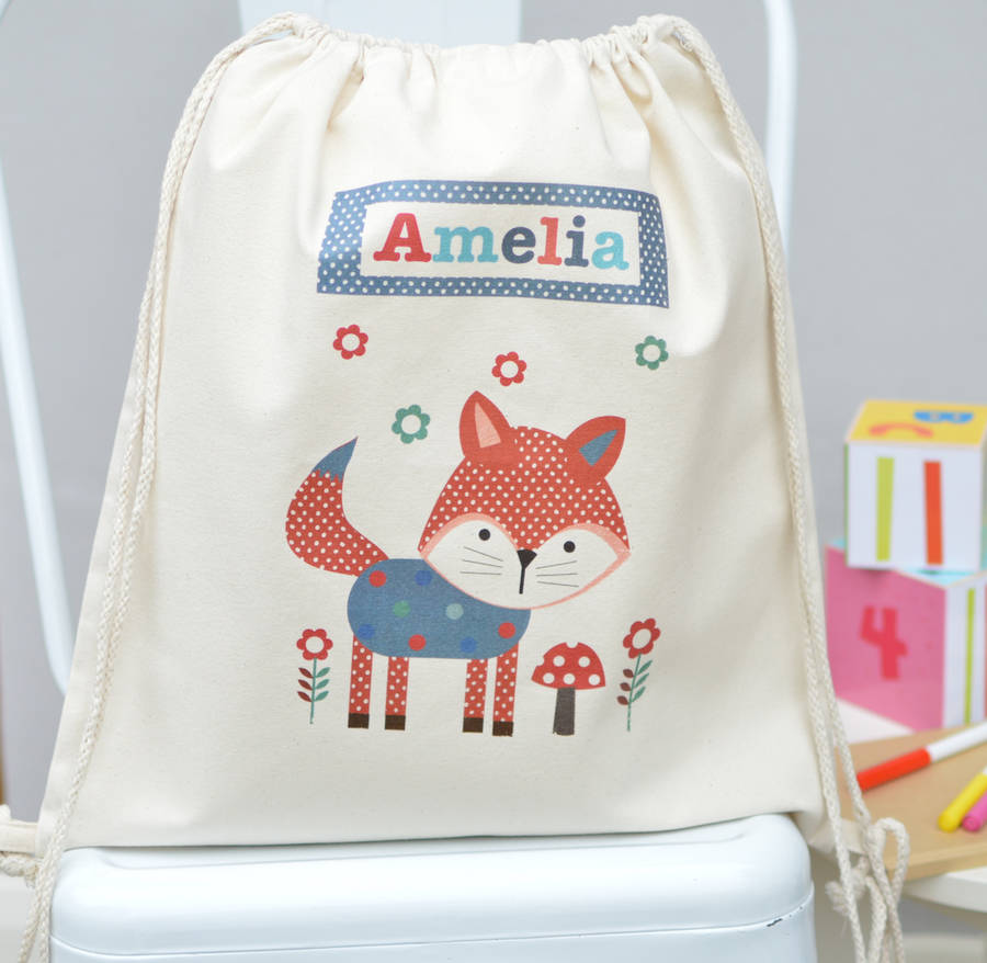 Personalised Playful Fox Cotton Nursery Bag - Buy Textile Bags at GiftMasters.co.uk