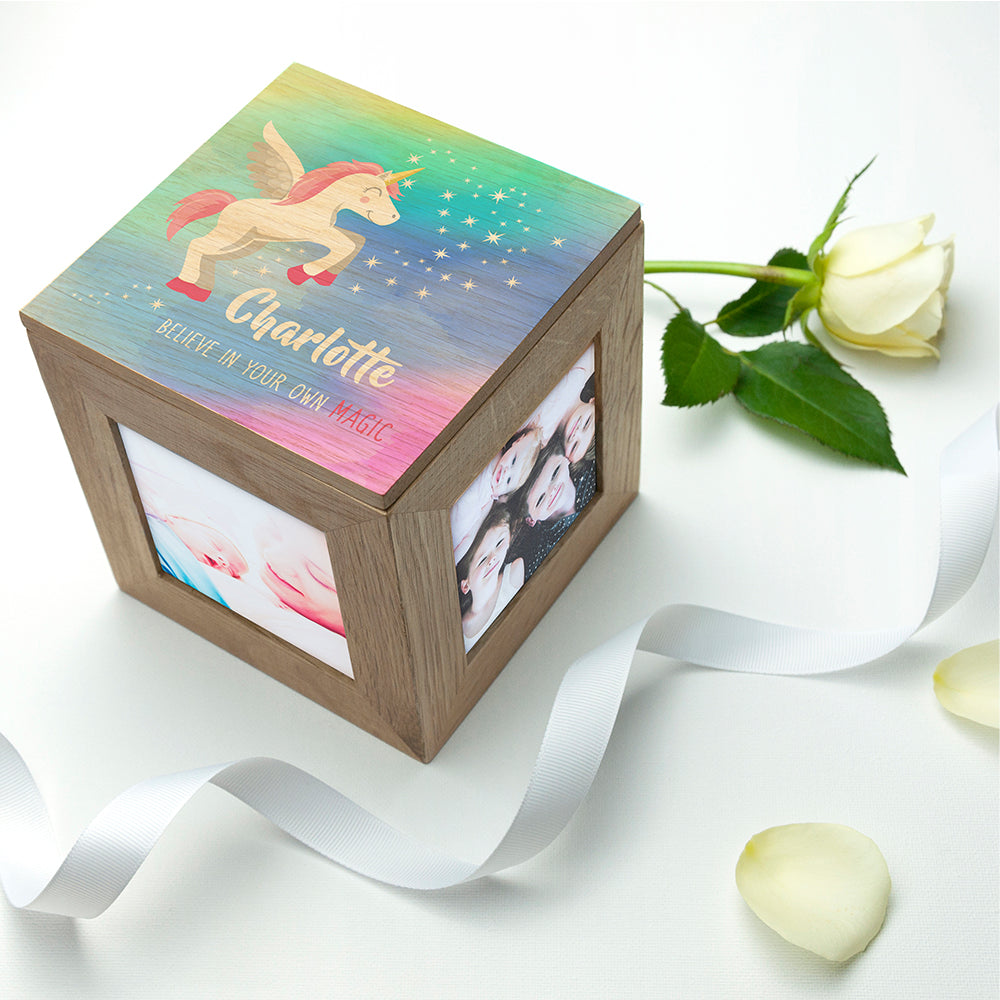 Personalised Baby Unicorn Photo Cube with Rainbow Background - Buy Wooden Photo Cubes at GiftMasters.co.uk