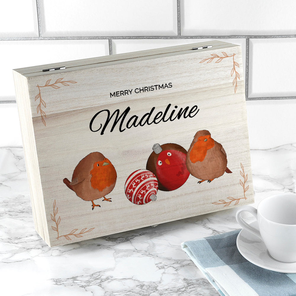 Personalised Robin Baubles Christmas Tea Box - Buy Wooden Tea Boxes at GiftMasters.co.uk