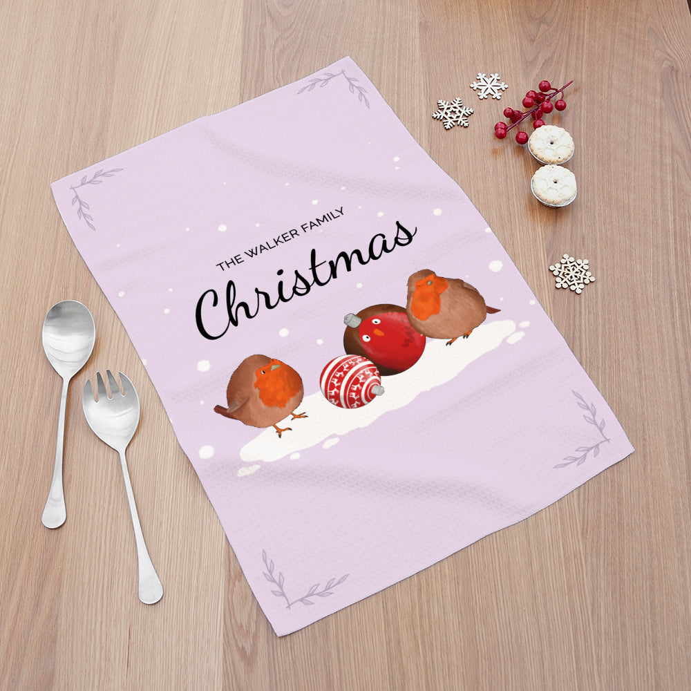 Personalised Robin Baubles Tea Towel - Buy Textile Accessories at GiftMasters.co.uk