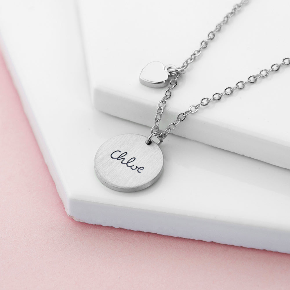 Personalised Summer Style Heart and Disc Necklace - Silver - Buy Metal Jewellery at GiftMasters.co.uk