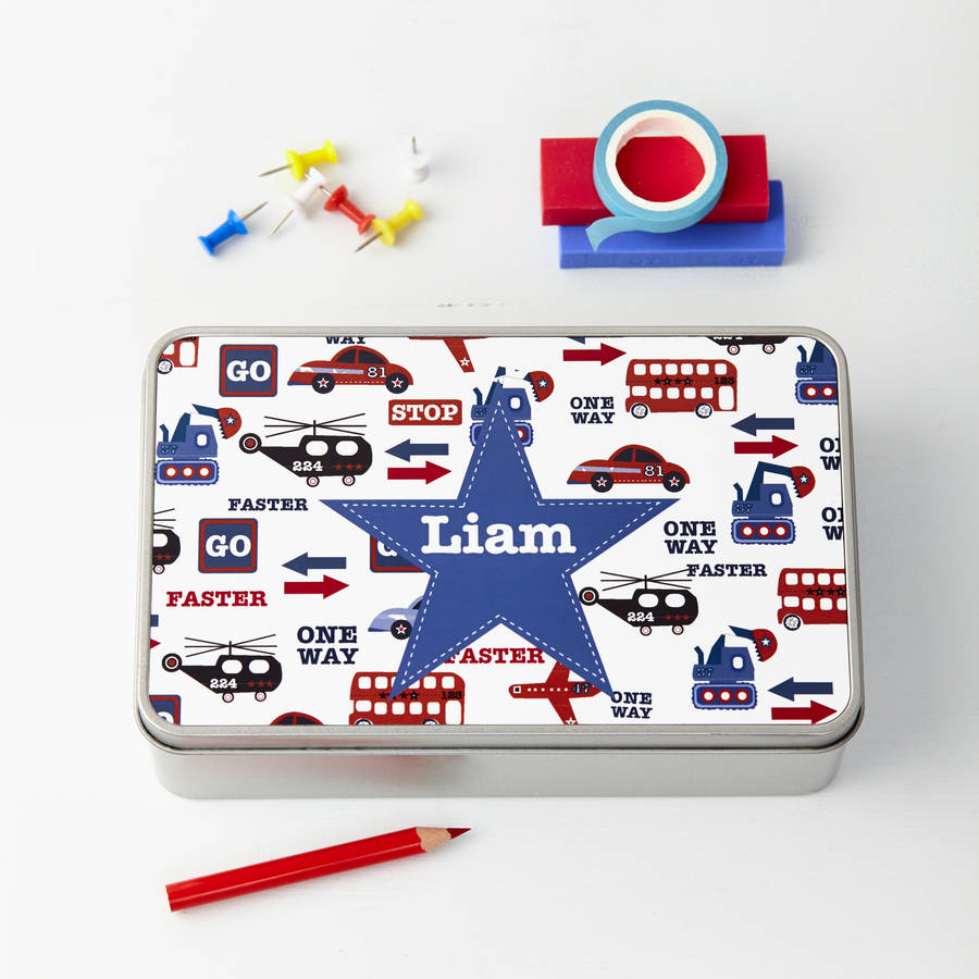 Personalised Transport Themed Storage Tin - Buy Metal Stationary Tins at GiftMasters.co.uk