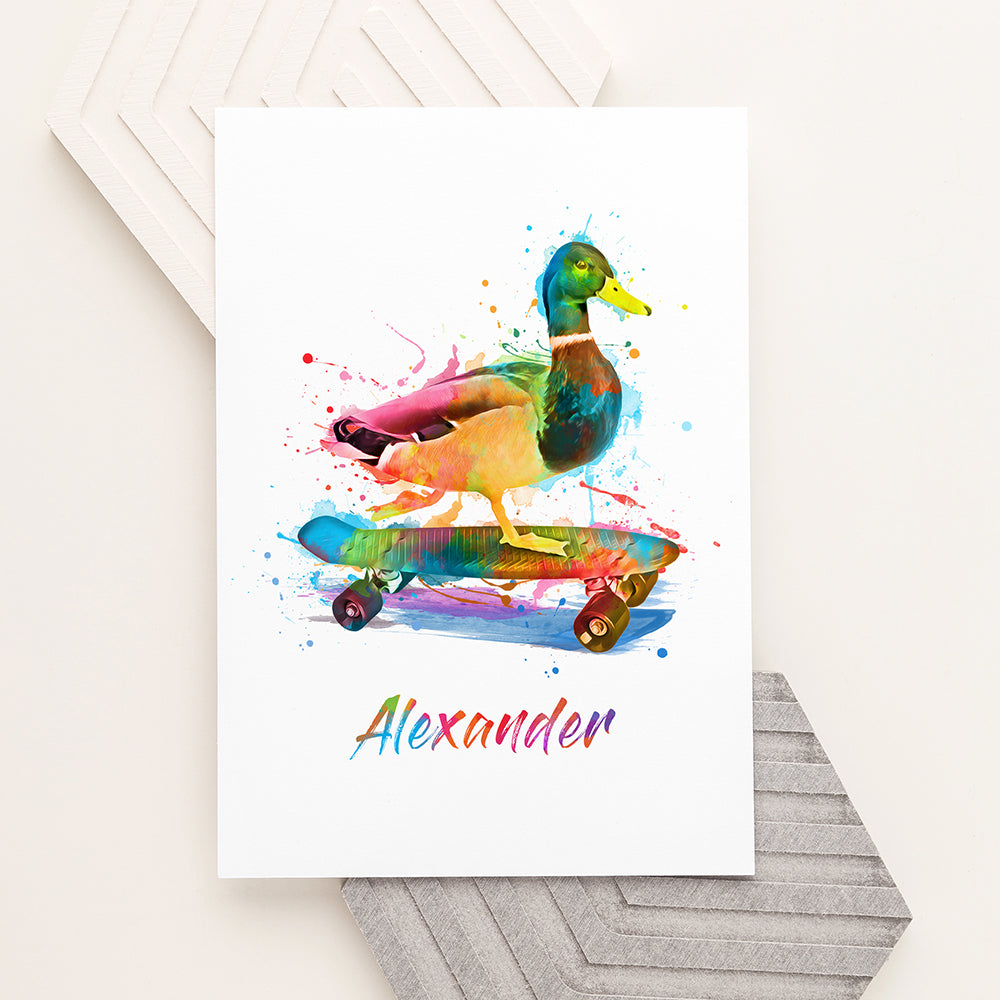 Personalised Watercolour Duck Skateboarding Print - Buy Paper Print at GiftMasters.co.uk