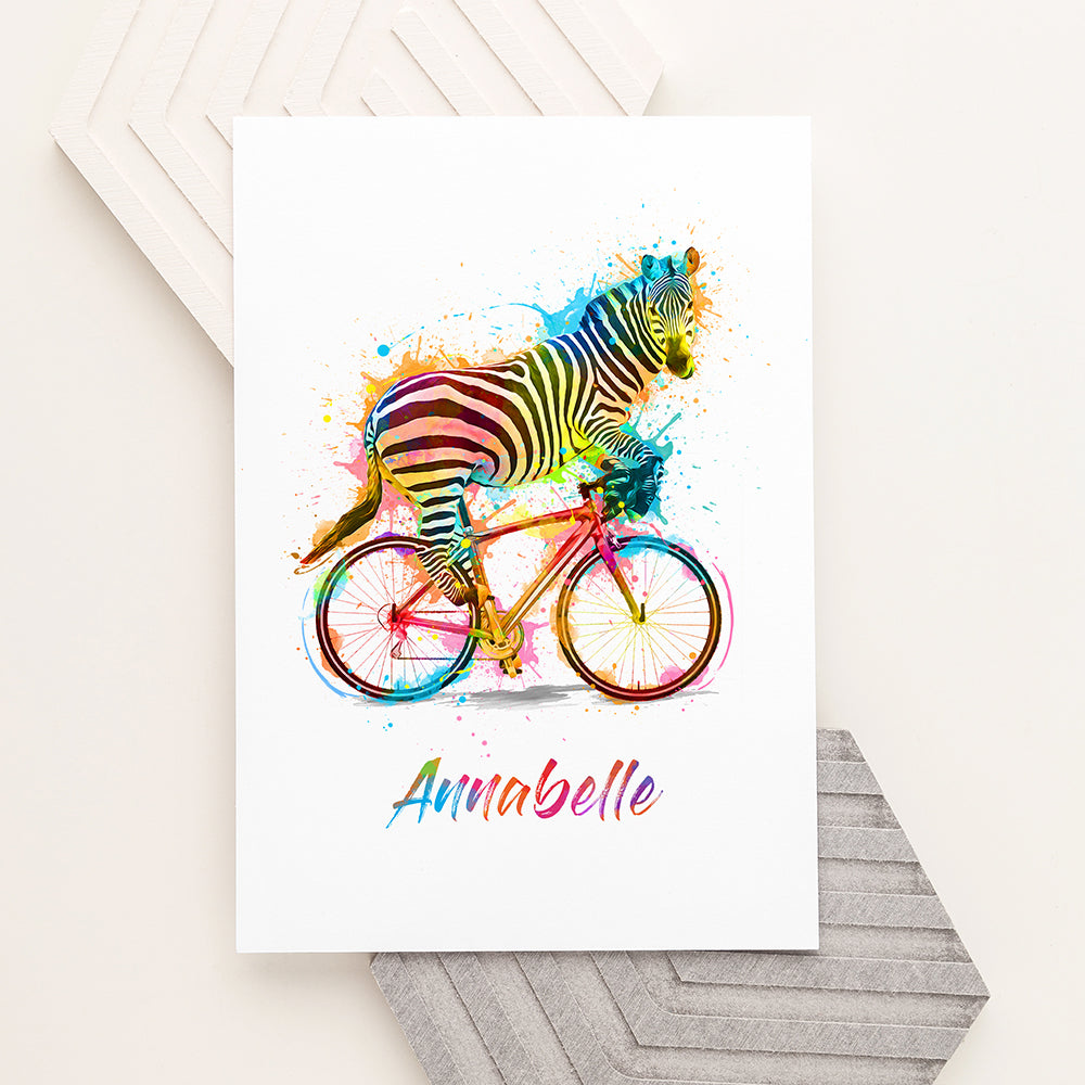 Personalised Watercolour Zebra Cycling Print - Buy Paper Print at GiftMasters.co.uk