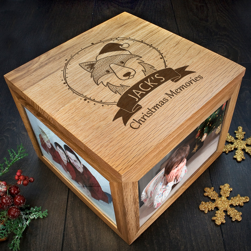 Personalised Woodland Wolf Christmas Memory Box - Buy Wooden Keepsake Boxes at GiftMasters.co.uk