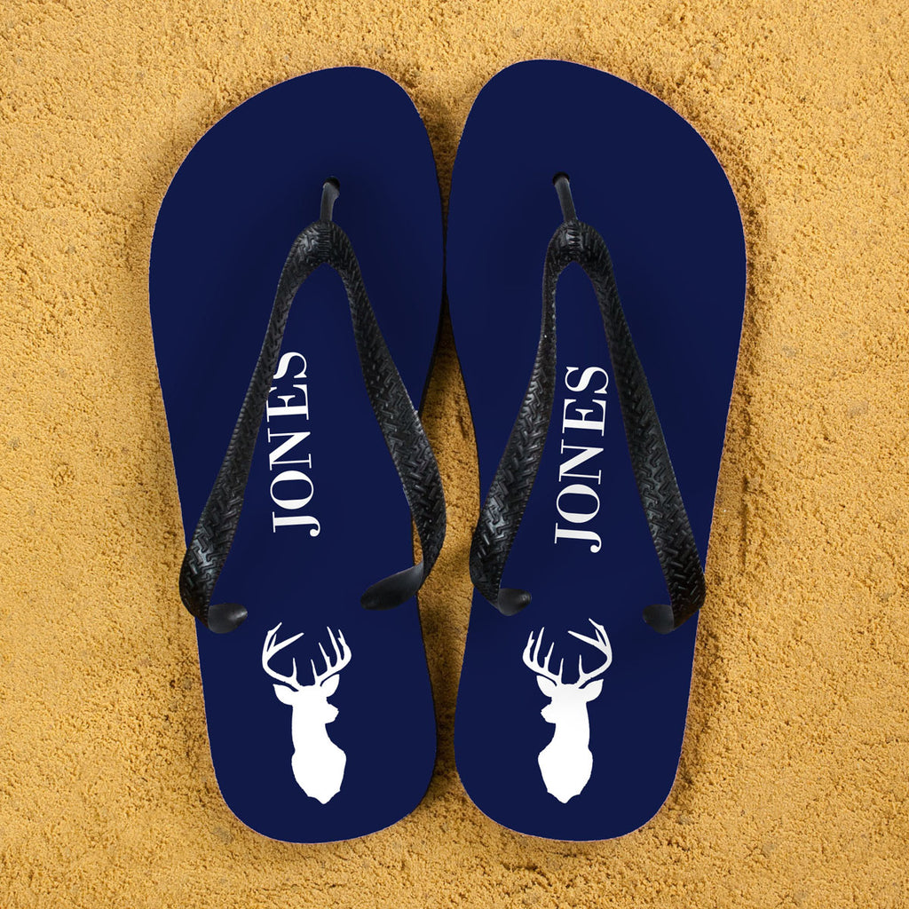 Stag Design Personalised Flip Flops in Blue and White - Buy Textile Flip Flops at GiftMasters.co.uk