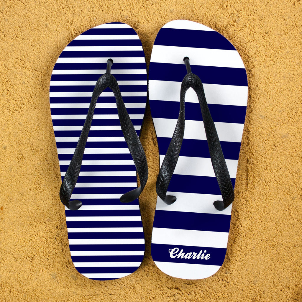 Striped Personalised Flip Flops in Blue - Buy Textile Flip Flops at GiftMasters.co.uk