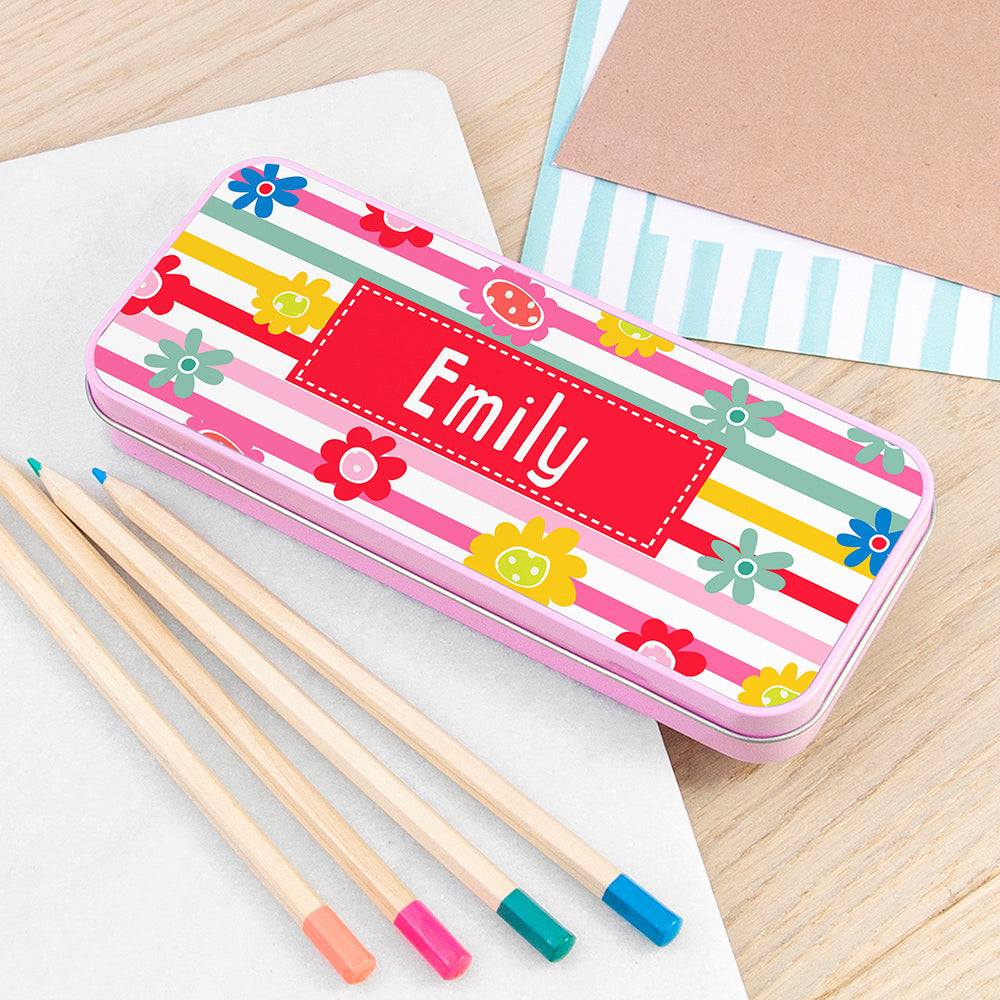 Personalised Girl's Patterned Pink Pencil Case Tin - Buy Metal Stationary Tins at GiftMasters.co.uk