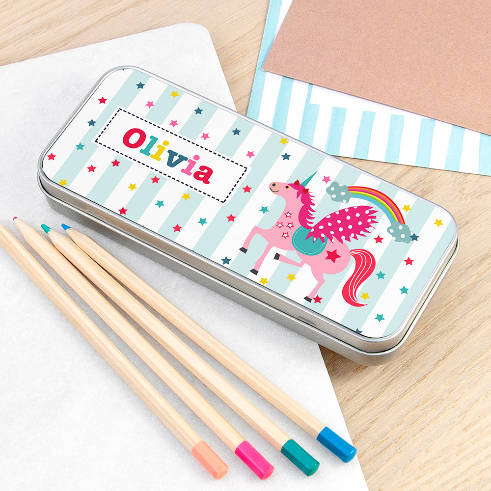 Personalised Girl's Unicorn Pencil Case Tin - Buy Metal Stationary Tins at GiftMasters.co.uk