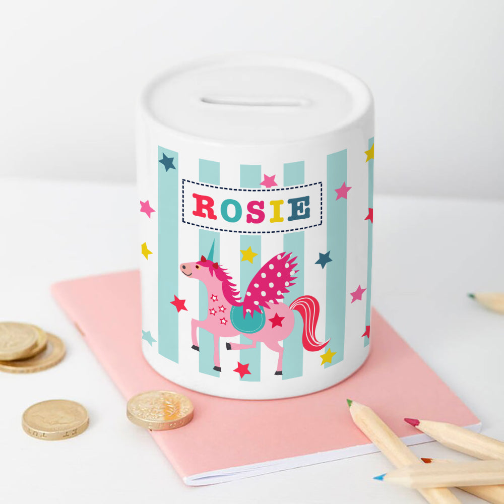 Personalised Unicorn Money Box - Buy Ceramic Keepsakes at GiftMasters.co.uk