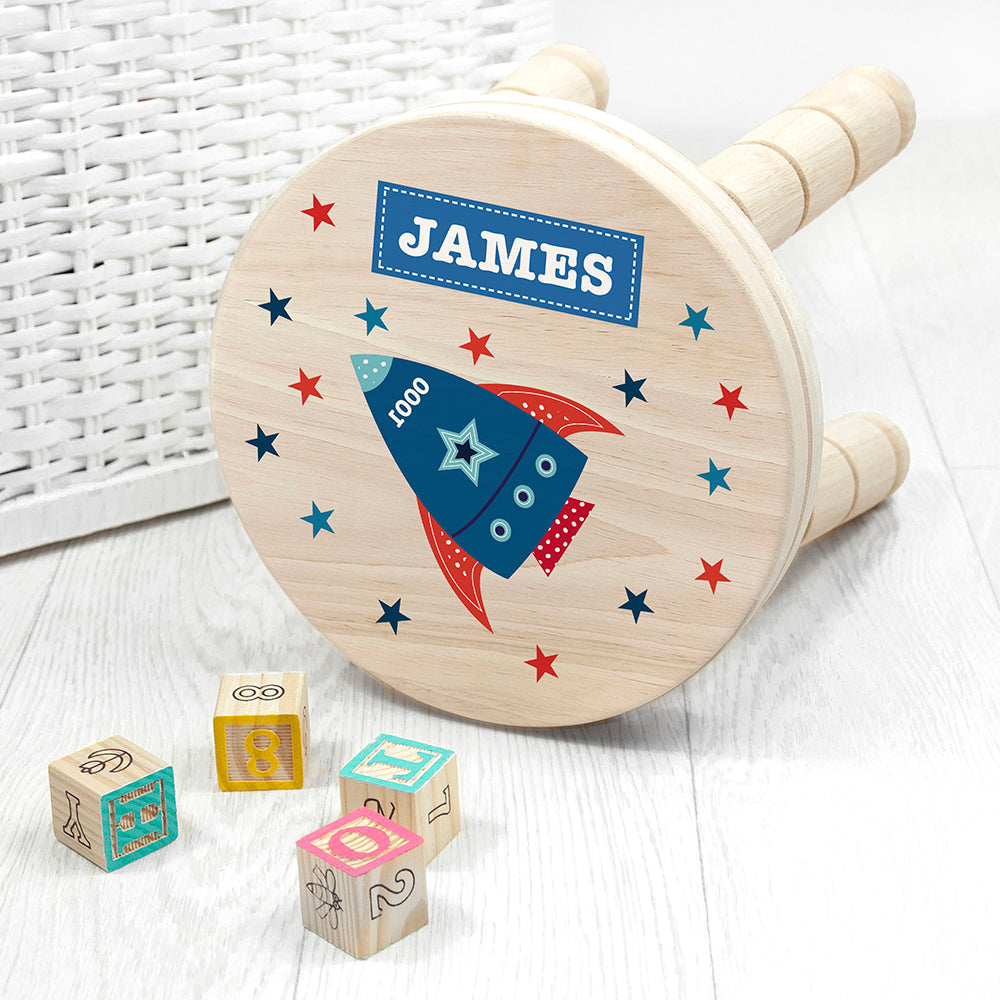 Personalised Kid's Rocket Wooden Stool - Buy Wooden Stools at GiftMasters.co.uk